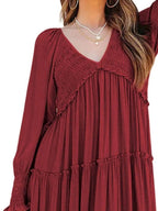 Maxi Dress Ruffle Smocked V-Neck Oversized Ruffle Layered Long Sleeve Loose