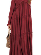 Maxi Dress Ruffle Smocked V-Neck Oversized Ruffle Layered Long Sleeve Loose