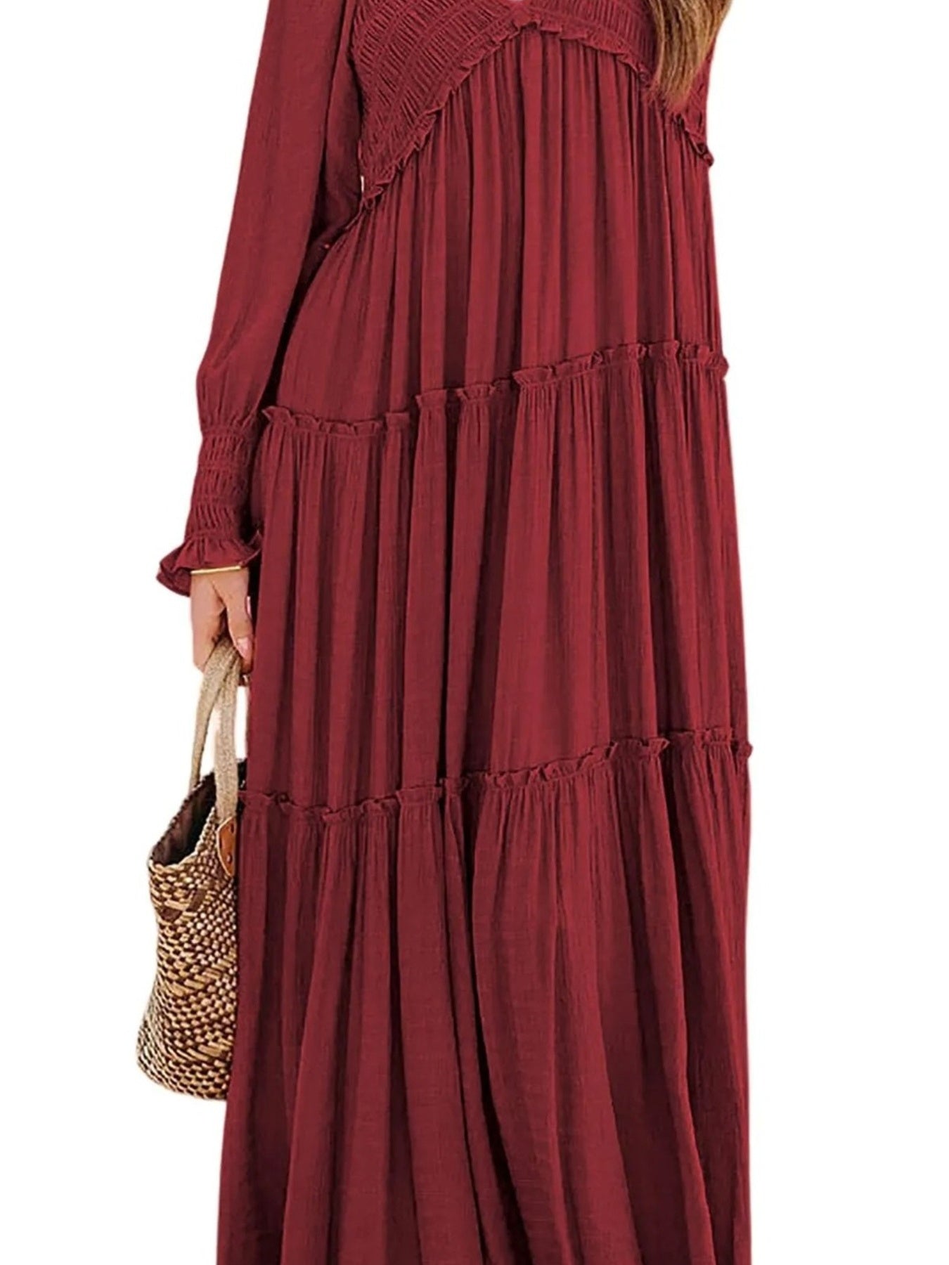 Maxi Dress Ruffle Smocked V-Neck Oversized Ruffle Layered Long Sleeve Loose