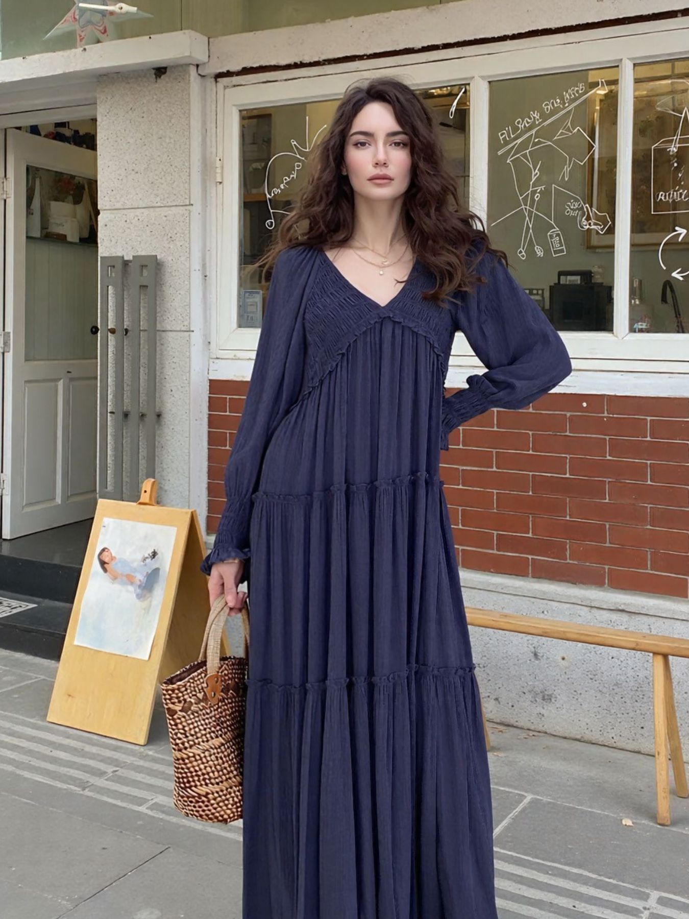 Maxi Dress Ruffle Smocked V-Neck Oversized Ruffle Layered Long Sleeve Loose