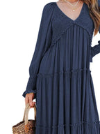Maxi Dress Ruffle Smocked V-Neck Oversized Ruffle Layered Long Sleeve Loose