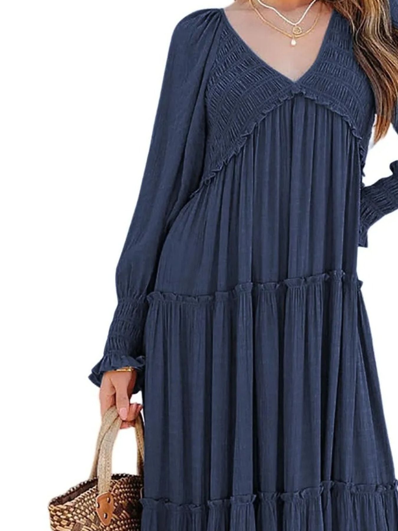 Maxi Dress Ruffle Smocked V-Neck Oversized Ruffle Layered Long Sleeve Loose