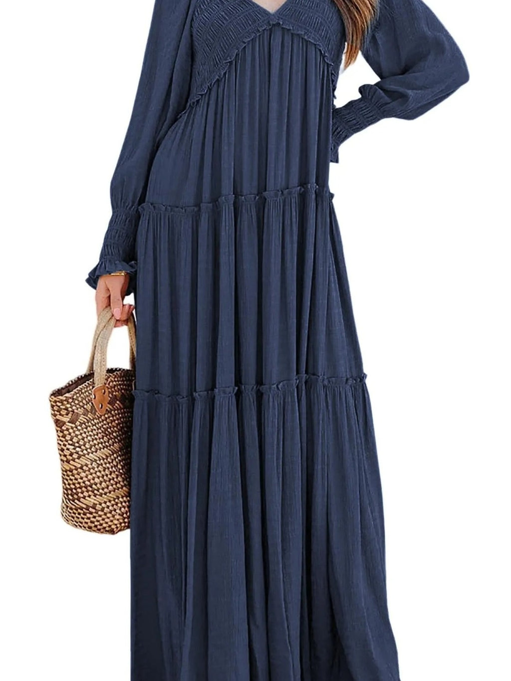 Maxi Dress Ruffle Smocked V-Neck Oversized Ruffle Layered Long Sleeve Loose