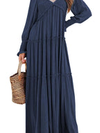Maxi Dress Ruffle Smocked V-Neck Oversized Ruffle Layered Long Sleeve Loose