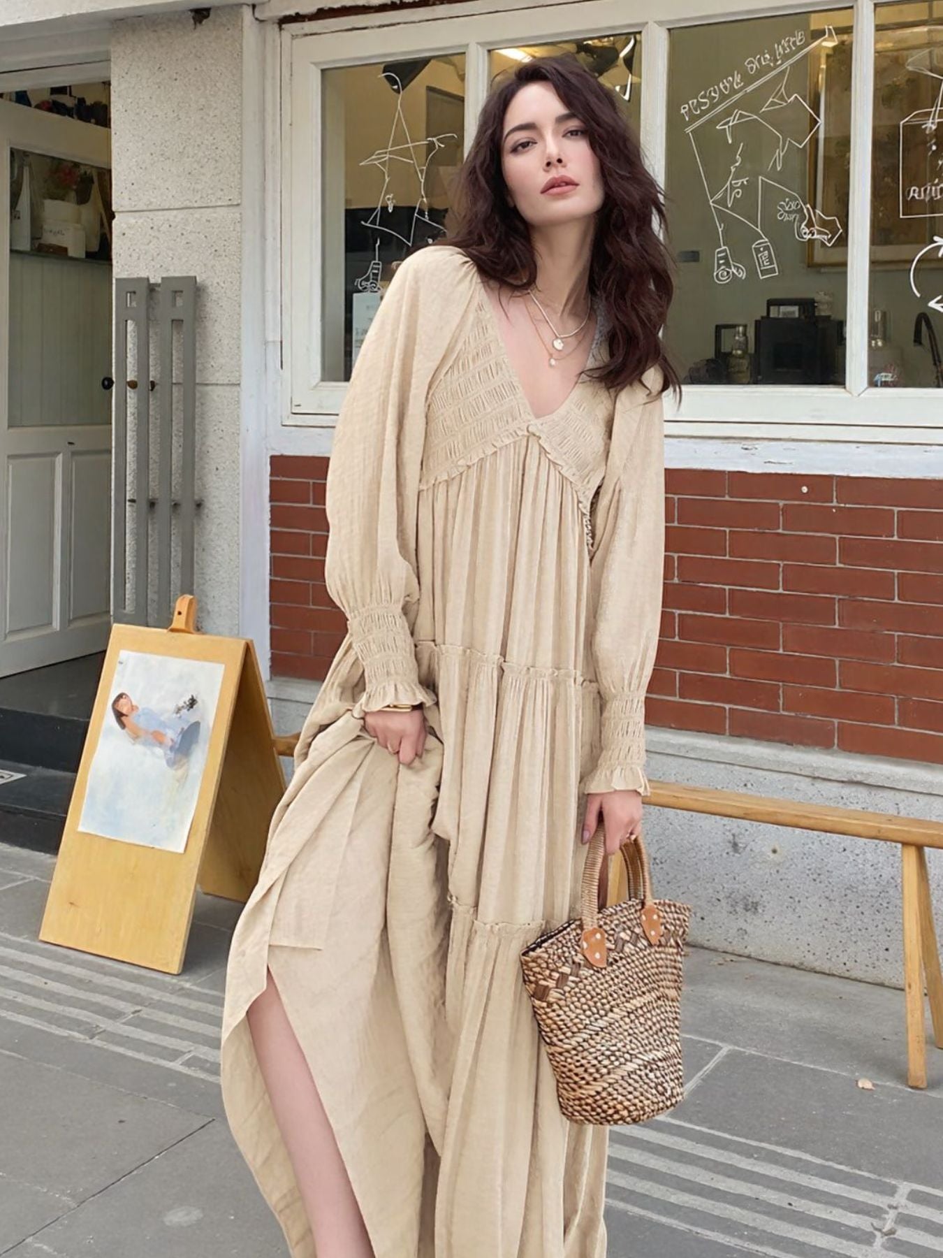 Maxi Dress Ruffle Smocked V-Neck Oversized Ruffle Layered Long Sleeve Loose