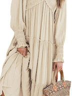 Maxi Dress Ruffle Smocked V-Neck Oversized Ruffle Layered Long Sleeve Loose