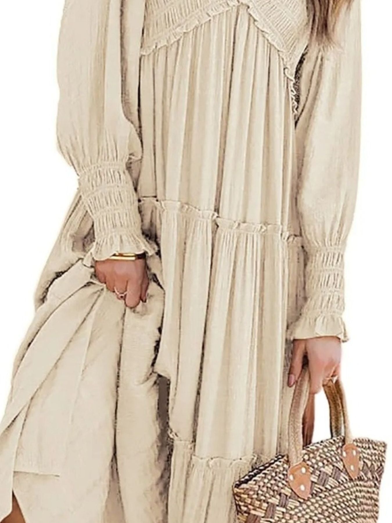 Maxi Dress Ruffle Smocked V-Neck Oversized Ruffle Layered Long Sleeve Loose
