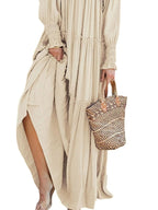 Maxi Dress Ruffle Smocked V-Neck Oversized Ruffle Layered Long Sleeve Loose