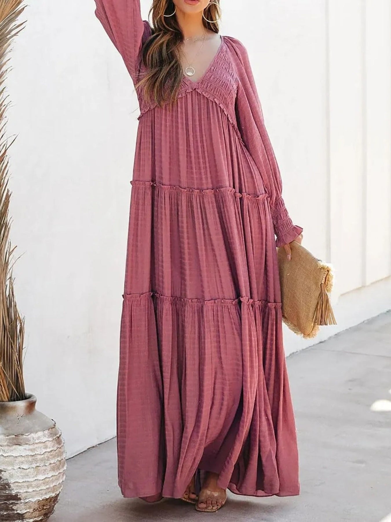 Maxi Dress Ruffle Smocked V-Neck Oversized Ruffle Layered Long Sleeve Loose