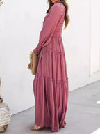 Maxi Dress Ruffle Smocked V-Neck Oversized Ruffle Layered Long Sleeve Loose