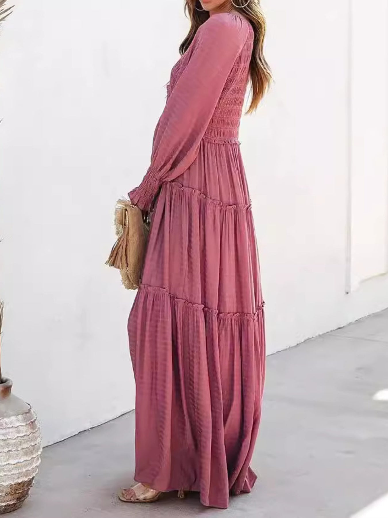 Maxi Dress Ruffle Smocked V-Neck Oversized Ruffle Layered Long Sleeve Loose
