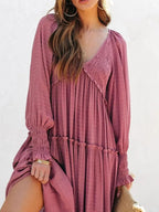 Maxi Dress Ruffle Smocked V-Neck Oversized Ruffle Layered Long Sleeve Loose