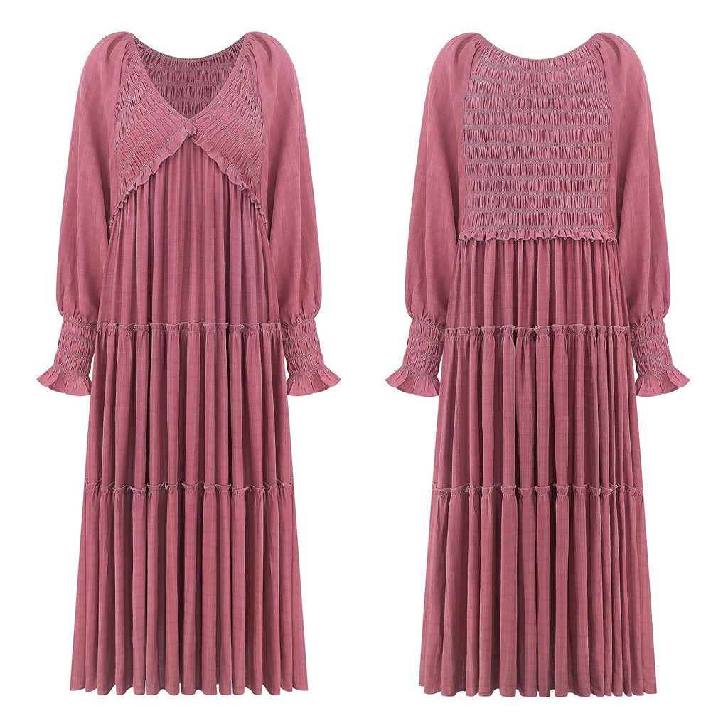 Maxi Dress Ruffle Smocked V-Neck Oversized Ruffle Layered Long Sleeve Loose