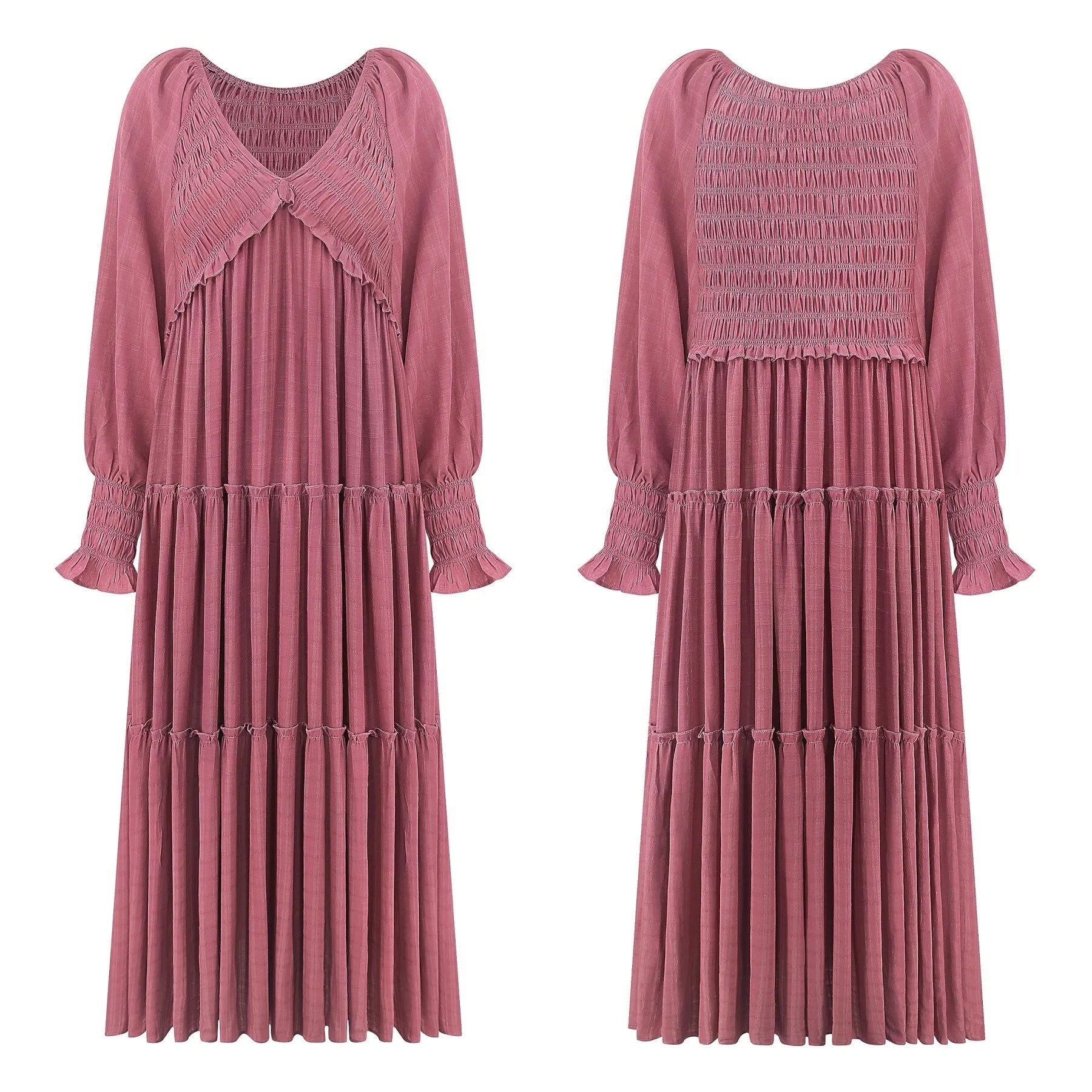 Maxi Dress Ruffle Smocked V-Neck Oversized Ruffle Layered Long Sleeve Loose
