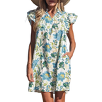 Mini-Kleid Blütenmuster Blau V-Ausschnitt Rüschen Flügelärmel Lässig Mit Taschen