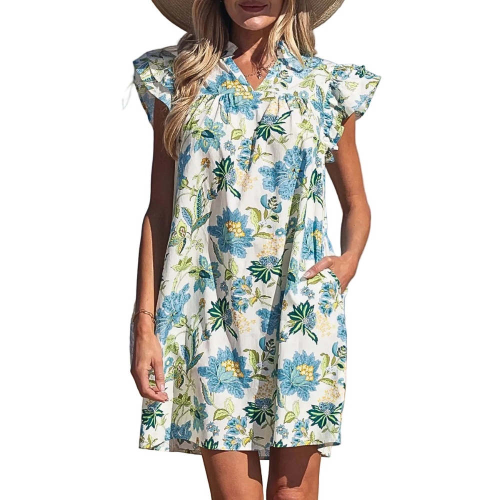 Shift Mini Dress Floral Blue Print V Neck Ruffle Flutter Short Sleeve Casual Pocketed