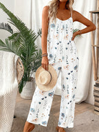 Floral White Jumpsuit Casual Sleeveless V-Neck Backless Wide Leg Long Overall