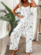 Floral White Jumpsuit Casual Sleeveless V-Neck Backless Wide Leg Long Overall