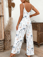 Floral White Jumpsuit Casual Sleeveless V-Neck Backless Wide Leg Long Overall