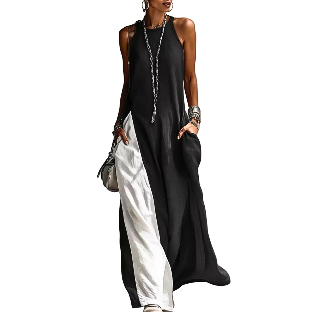Sleeveless Maxi Dress Oversized Loose Colorblock Round Neck with Pockets