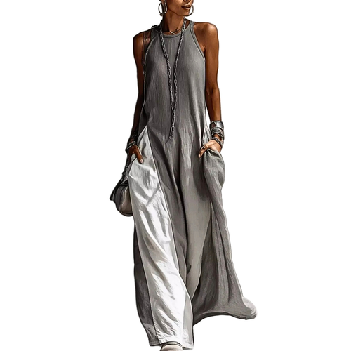 Sleeveless Maxi Dress Oversized Loose Colorblock Round Neck with Pockets
