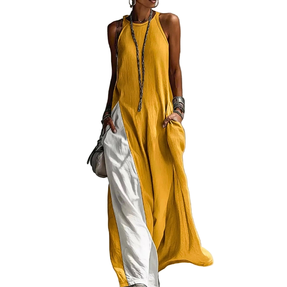 Sleeveless Maxi Dress Oversized Loose Colorblock Round Neck with Pockets