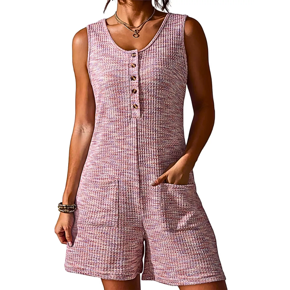 Sleeveless Texture Knit Romper V-Neck Button Women's Jumpsuit Front Pockets Overall