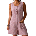 Sleeveless Texture Knit Romper V-Neck Button Women's Jumpsuit Front Pockets Overall