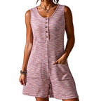 Sleeveless Texture Knit Romper V-Neck Button Women's Jumpsuit Front Pockets Overall