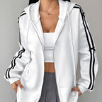 Women's Oversized Zip-Up Hoodie White Striped Bow Long Sleeves and Pockets