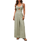 Striped Wide-Leg Casual Jumpsuit Cutout Twist V-Neck High Waist Cotton Overall