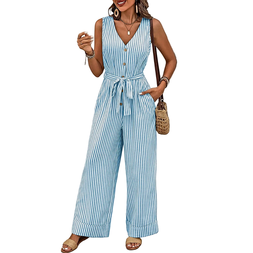 Striped Wide-Leg Jumpsuit Casual V-Neck Buttoned Tie Belted Cotton with Pockets