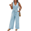 Striped Wide-Leg Jumpsuit Casual V-Neck Buttoned Tie Belted Cotton with Pockets