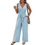 Striped Wide-Leg Jumpsuit Casual V-Neck Buttoned Tie Belted Cotton with Pockets