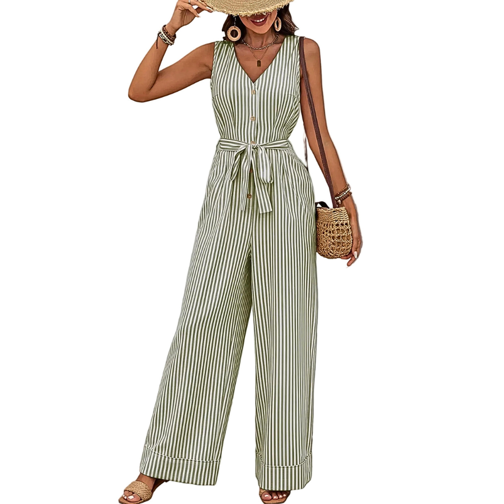Striped Wide-Leg Jumpsuit Casual V-Neck Buttoned Tie Belted Cotton with Pockets
