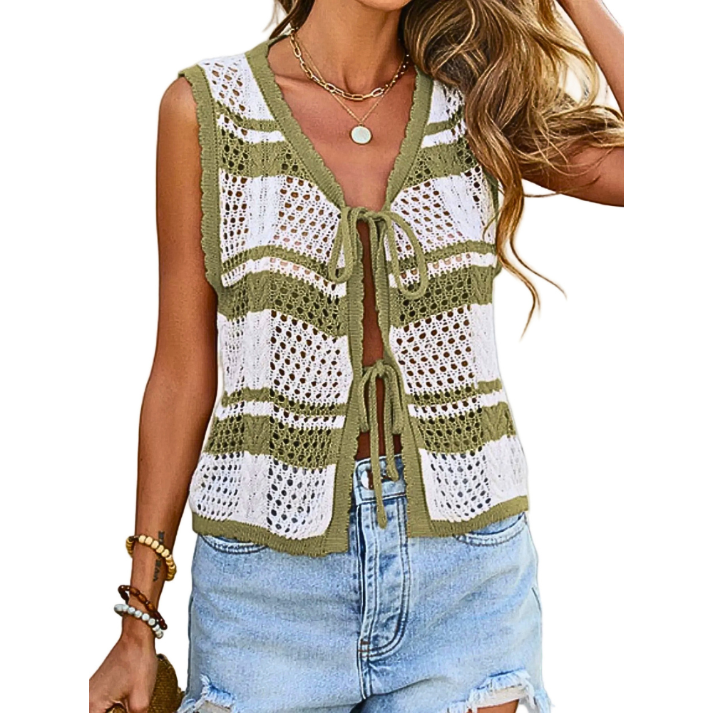 Striped Crochet Tie-Front Cardigan V-Neck Lightweight Open-knit Sleeveless Top