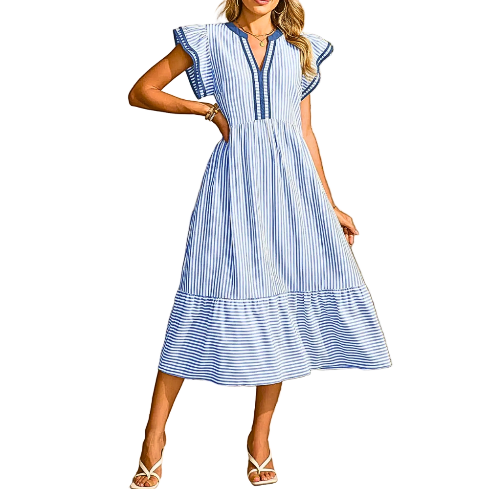 Striped Midi Dress V-Neck Trim Ruffled A-Line Short Flutter Sleeve Casual with Pockets