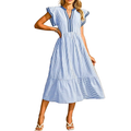 Striped Midi Dress V-Neck Trim Ruffled A-Line Short Flutter Sleeve Casual with Pockets