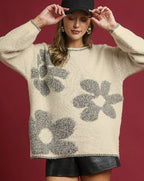 Umgee Floral Jacquard Sweater Cream Knit Applique Oversized Pullover Cream Styleinger_USA_Brands_Sale Trendsi