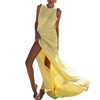 Summer Maxi Dress Yellow Sleeveless Ruched High-Slit Zipper Beach Elegant
