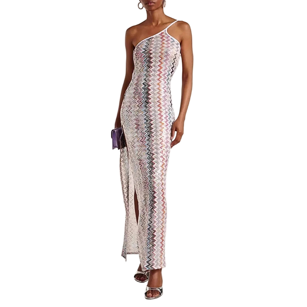 Summer Sleeveless Maxi Dress Multicolor Stripe Slit Zigzag Backless Side Slit