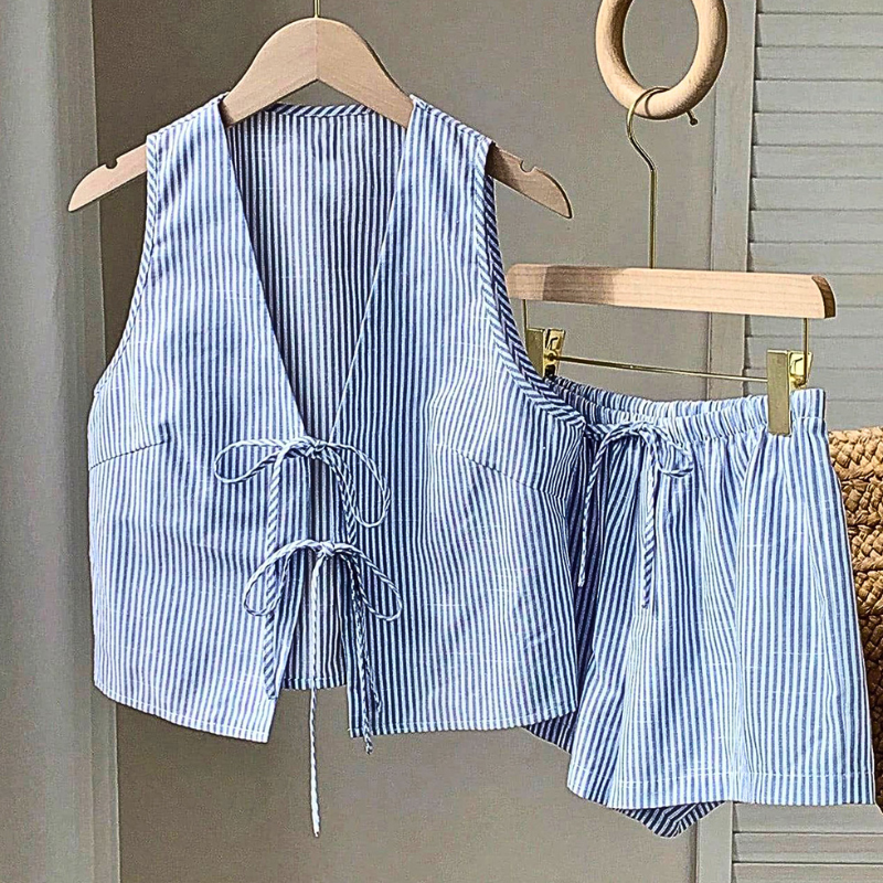 Summer Outfit Set Blue Striped Tie-Front Sleevless Vest and Shorts Casual 2 Pcs