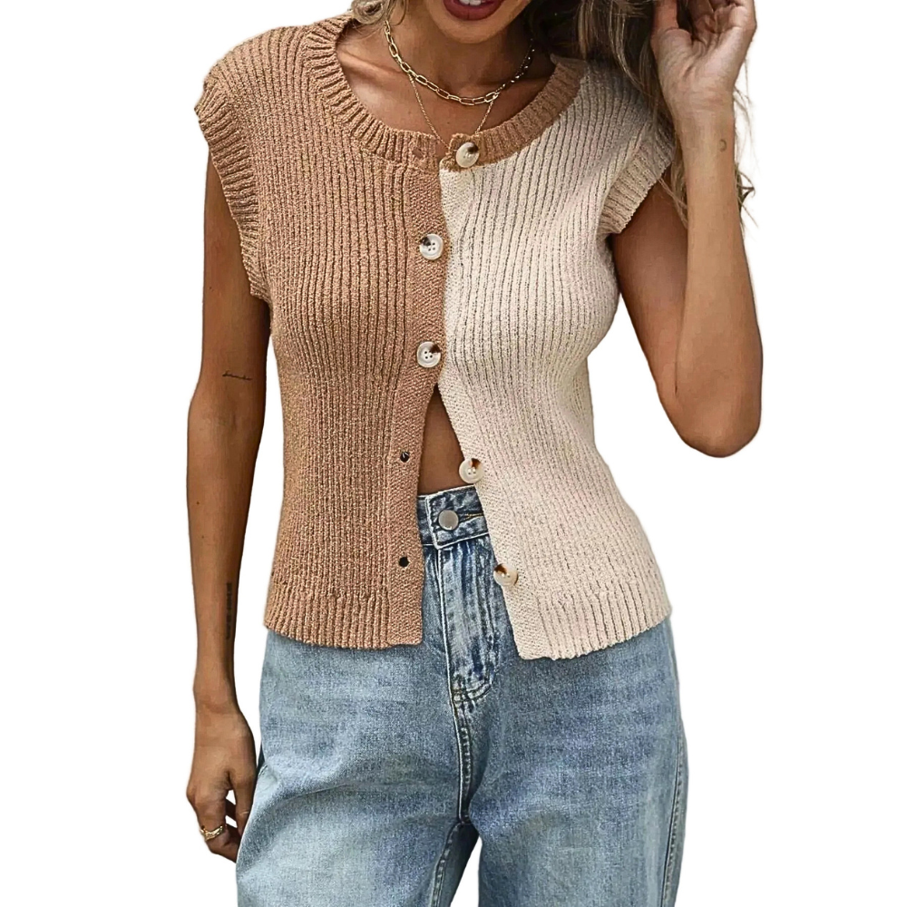 Sweater Vest Round Neck Buttoned Lightweight Knit Colorblock Sleeveless Top