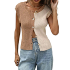 Sweater Vest Round Neck Buttoned Lightweight Knit Colorblock Sleeveless Top