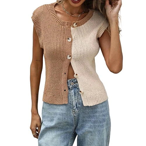 Sweater Vest Round Neck Buttoned Lightweight Knit Colorblock Sleeveless Top