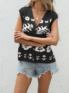 Geblümter V-Ausschnitt Cardigan Kurze Flügelärmel Knopfleiste Leichter Pullover Top