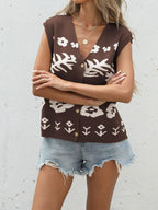Geblümter V-Ausschnitt Cardigan Kurze Flügelärmel Knopfleiste Leichter Pullover Top