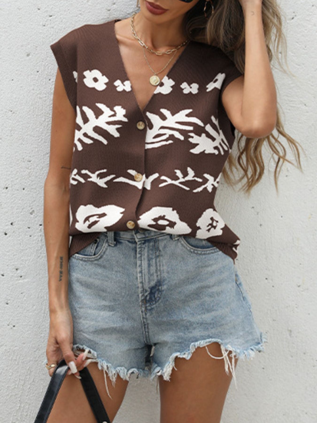 Floral V-Neck Cardigan Short Cap Sleeve Buttoned Lightweight Sweater Top
