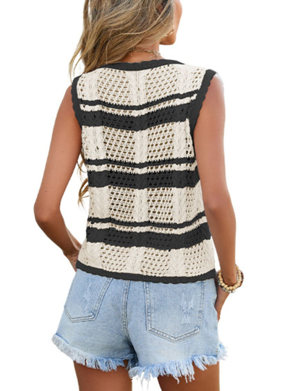 Striped Crochet Tie-Front Cardigan V-Neck Lightweight Open-knit Sleeveless Top