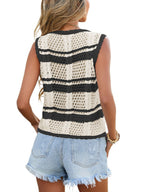 Gestreifte Häkelstrickjacke mit Bindebändern V-Ausschnitt Leichte, grob gestrickte Ärmellose Top
